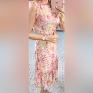 Gibsonlook Multicolor Floral Ruffle Midi Dress Mockneck Spring Summer Dress Sz S